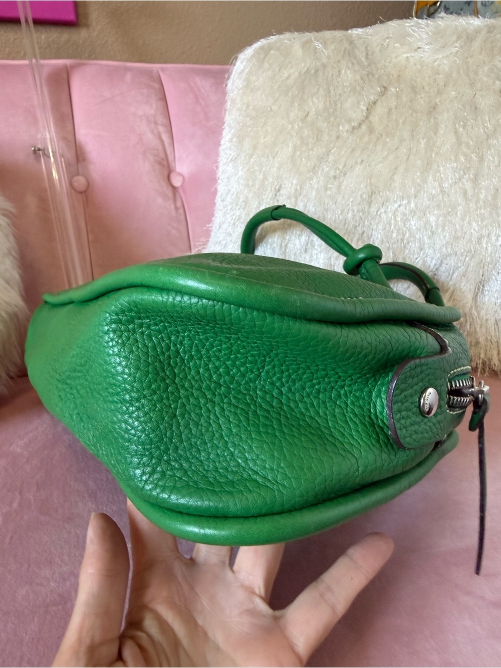HOGAN Kelly Green Leather Dome Satchel Bag w Knots &Loop Details Silver Hardware - Picture 8 of 16